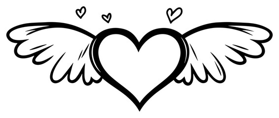 Hand drawn heart with angel wings and floating hearts vector sketch illustration of romantic symbol for tattoo or valentine design