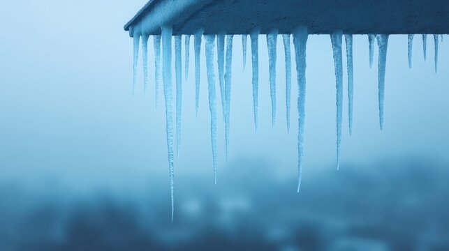 Glacial Icicles Hanging from Rooftop on a Cold Winter Day with Foggy Background and Subtle Blue Color Tone Creating a Chill Atmosphere - Powered by Adobe