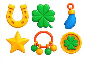 3D Lucky Charm Icons. 3D icon set of lucky charms: horseshoe, four-leaf clover, rabbit’s foot, lucky star, charm bracelet, golden