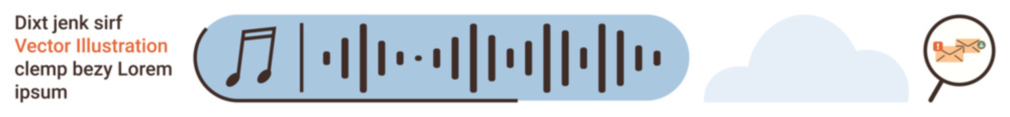 Audio technology, music production, sound design, data visualization, online streaming, digital tools. A blue waveform with a music note, cloud shape and magnified detail. Audio technology and music