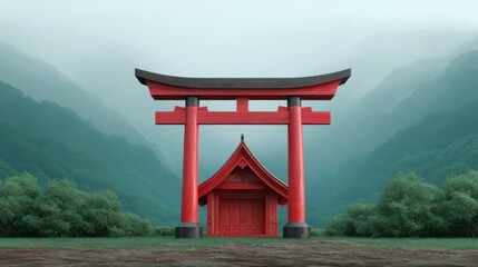 Serene Red Torii Gate Surrounded by Lush Mountains and Misty Landscape, Symbolizing Tranquility and Tradition in Japanese Culture