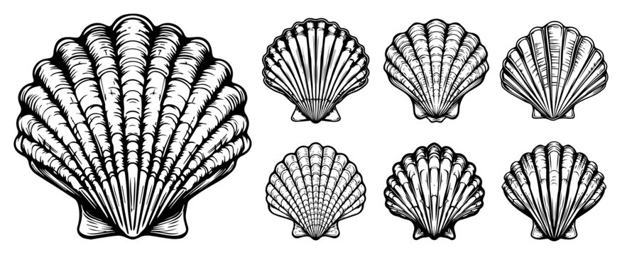 Hand drawn vector set of sea shells in vintage engraving style marine illustration of scallop shells isolated on white background ocean nature design elements
