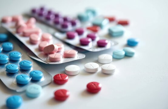 Various pills scattered on surface. Colorful medicine in blister packs. Concept of healthcare, treatment, disease, pharmaceutical industry. Cure for illness. Medical products for health, drugstore