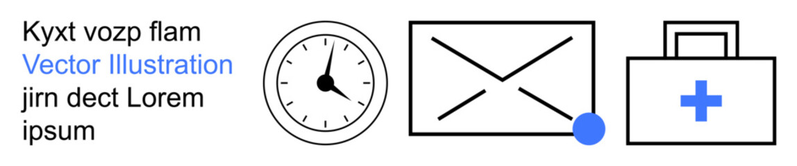 Time management, healthcare, email notifications, productivity, digital communication, professional services. Clock, envelope with notification and medical briefcase. Time management and healthcare