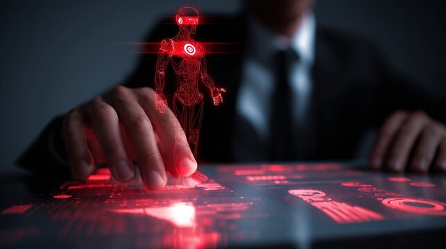 Futuristic Interaction: A Businessperson Engages with a Holographic Robot Interface in a High-Tech Environment