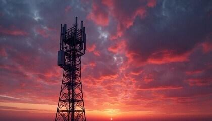 Communication tower silhouetted against vibrant sunset sky with dramatic clouds. Cell phone mast transmits signals at dusk over open horizon. Telecom infrastructure powers connectivity during
