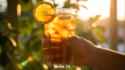 Close-up of a Hand Holding a Tall Glass of Iced Tea Garnished with a Lemon Slice, Backlit by Golden Sunset Light with Bokeh