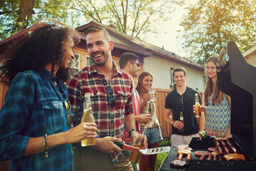 Barbecue, happy and beer with friends in nature for bonding, lunch and social reunion. Bbq grill,...