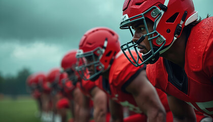 American football players in red uniforms line up defensively. Athletes in helmets and pads are in ready stance on grass field. They prepare for game snap, focused and intense. Squad awaits play.