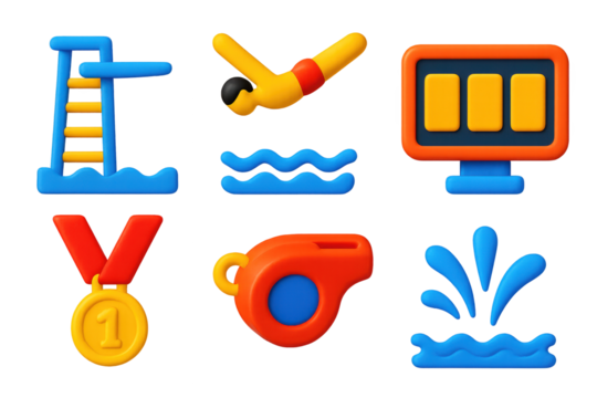 Diving Icons Set. 3D icon set of competitive diving: platform tower, diving pose, scoreboard, medal, whistle, water entry splash.