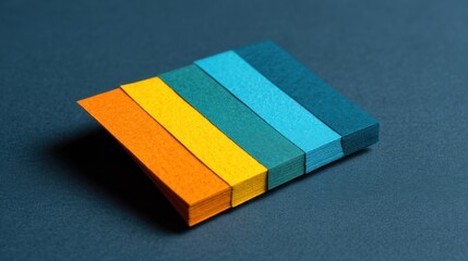 Fototapeta premium Brightly Colored Paper Strips Arranged in Bold Patterns on a Dark Surface for Office or Craft Use, Showcasing Vibrant Shades of Orange, Yellow, and Blue