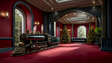A train is sitting in the middle of a room with red walls