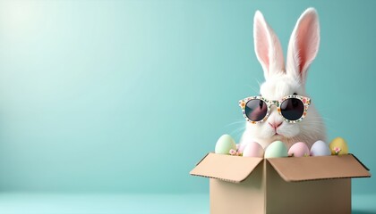 Cheerful white bunny wears stylish floral sunglasses. It peeks from cardboard box, surrounded by colorful pastel Easter eggs and small flowers. This charming scene celebrates fun spring holiday mood.
