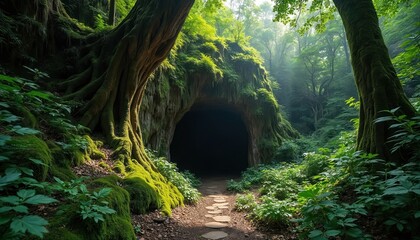Mysterious cave entrance in lush green forest. Stone path leads to dark opening under ancient mossy trees. Sunlight filters through dense canopy creating atmospheric woodland scene.