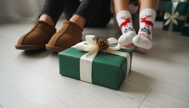 Cozy holiday moment Adult and child's feet in warm slippers and festive socks by a beautifully wrapped green gift