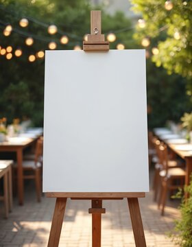 Empty white canvas stands on wood easel. Outdoor event setting has string lights, lush plants. Blurred tables, chairs for party celebration. Ideal mockup for custom message, welcome sign, event art.
