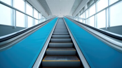 Obraz premium Modern Escalator Design Inside a Bright, Spacious Building with Large Windows and Clean Lines, Symbolizing Urban Architecture and Efficiency