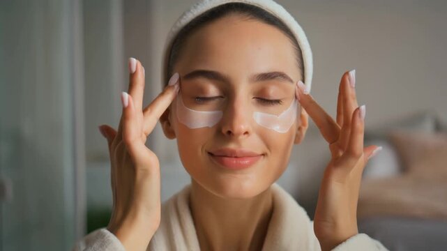 A woman wearing eye patches and a serene expression, focused on self-care and skincare. She is at ease in a spa-like setting Stock Video
