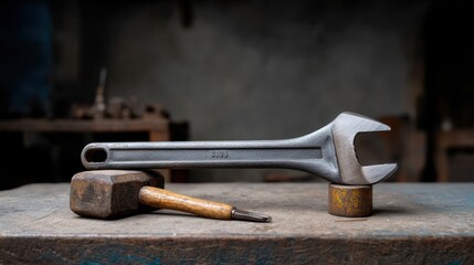 Metal tools on wooden table in workshop, featuring a wrench and hammer in well-lit industrial surroundings showcasing craftsmanship and tool details