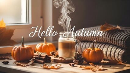 A cozy autumn-themed arrangement featuring small pumpkins, cinnamon sticks, pinecones, and a steaming layered coffee latte in a glass mug.