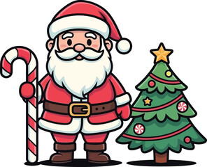 Santa claus christmas tree candy cane festive vector illustration isolated on transparent background, Vector
