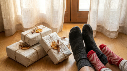 Feet in cozy holiday socks by beautifully wrapped Christmas presents on a warm wooden floor, capturing seasonal joy