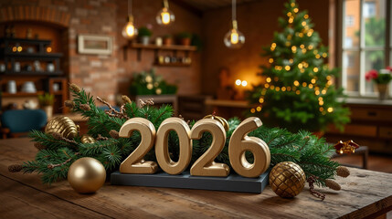 A wooden table with a number 2026 on it next to a christmas tree