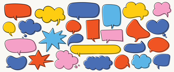 Vector set of colorful speech bubbles and comic chat balloons. Hand drawn doodle talk clouds for messages, communication, pop art, and social media design.