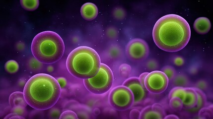 Vibrant microscopic cells in a colorful abstract background with shades of purple and green, highlighting biological structures and cellular processes.