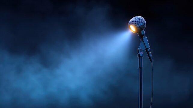 Professional microphone on a stand illuminated by a spotlight in a misty atmosphere, emphasizing themes of music, performance, and creativity. - Powered by Adobe