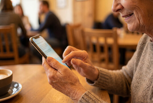Senior woman smiling while texting on smartphone in cafe with blurred screen.