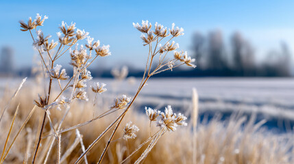Frost-covered wildflowers in a serene winter landscape, showcasing delicate ice crystals glistening under bright sunlight against a clear blue sky, evoking tranquility and beauty