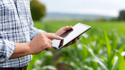 Man using tablet device in a lush green field, showcasing modern technology in agriculture, emphasizing innovation and connectivity in farming practices