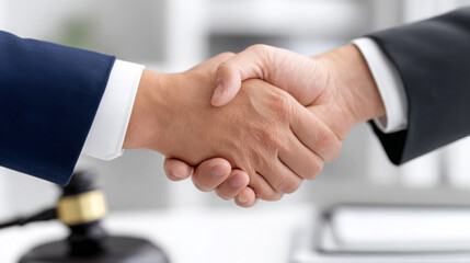 Business professionals shaking hands in a modern office setting, symbolizing partnership and agreement, with a gavel and documents in the background, conveying trust and collaboration