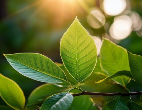 close up of green leaves illuminated by soft sunlight creating a serene and tranquil atmosphere in nature