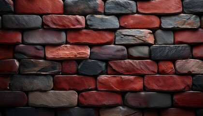 a close up view of a rustic brick wall featuring a mix of red and black stones