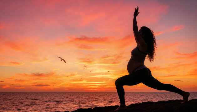 Silhouette of pregnant woman doing yoga pose during sunset at the sea, serene silhouette conveys well-being. Pregnant woman in yoga pose during sunrise, exercising for body and mind balance. - Powered by Adobe