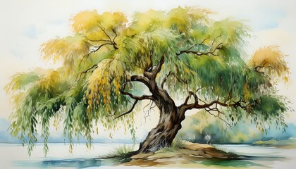 leaning willow tree watercolor painting style generative ai