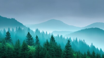 Fototapeta premium Tranquil Misty Forest Landscape with Layers of Green Pine Trees and Soft Fog in Mountainous Terrain Under Overcast Sky