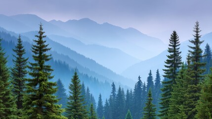 Obraz premium Serene Misty Forest Landscape with Dense Evergreen Trees and Majestic Mountains in Background Under Soft Blue Sky in Calm Natural Environment