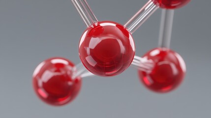 3D Illustration of Red Spheres Connected by Transparent Strands Representing Atomic Structure in a Scientific and Abstract Conceptual Design
