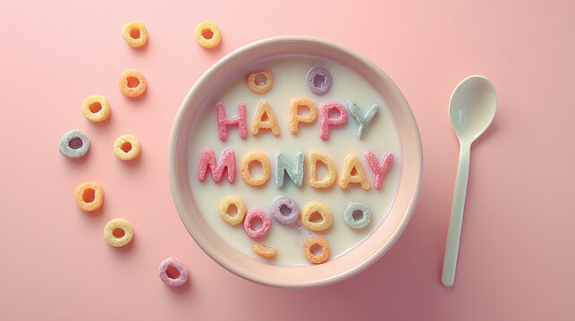 Happy Monday breakfast bowl with cereal letters on pastel pink, playful morning flat lay