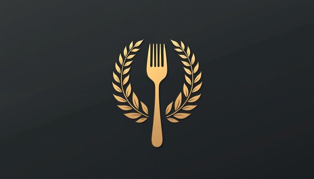 Golden fork framed by laurel branches signifies culinary excellence, restaurant prestige. Symbol for gourmet dining, fine food establishments, chef awards, elegant icon represents quality,