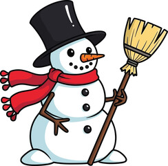 Christmas winter snowman vector illustration with top hat scarf broom isolated on transparent background, Vector