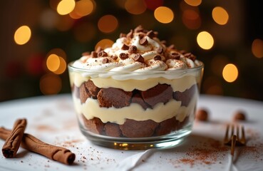 Layered chocolate dessert in glass bowl. Whipped cream, chocolate chips top sweet layers. Cinnamon sticks, cocoa powder on white table. Bokeh lights create cozy winter holiday vibe. Perfect festive