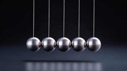 Close-Up of Newton Cradle with Metallic Balls in Motion on Dark Background for Science and Physics Concepts, Energy Transfer and Momentum Demonstration