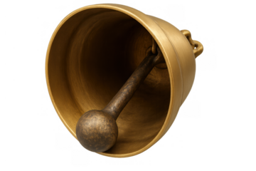 Vintage brass bell with clapper creating rhythmic sound, isolated on transparent background for notification and alarm concepts