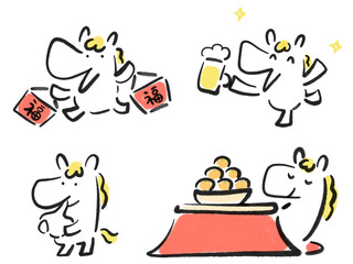 墨絵の正月を楽しむ白馬かわいい白馬キャラクターセット　福袋・餅を食べる・ビール