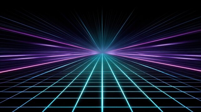 Futuristic Neon Lines Forming Grids in a Dark Space with Dynamic Perspective and Vibrant Colors of Purple, Pink, and Blue Light Rays Spreading Outward
