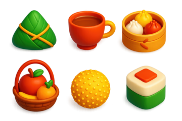 Vibrant Festive Food Icons. 3D icon set of festive food: sticky rice dumpling, tea cup, bamboo steamer, fruit basket, sesame ball,